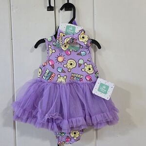 NEW Disney Baby Girl Skirted Tulle Sleeveless Pooh Romper & Headband 12M